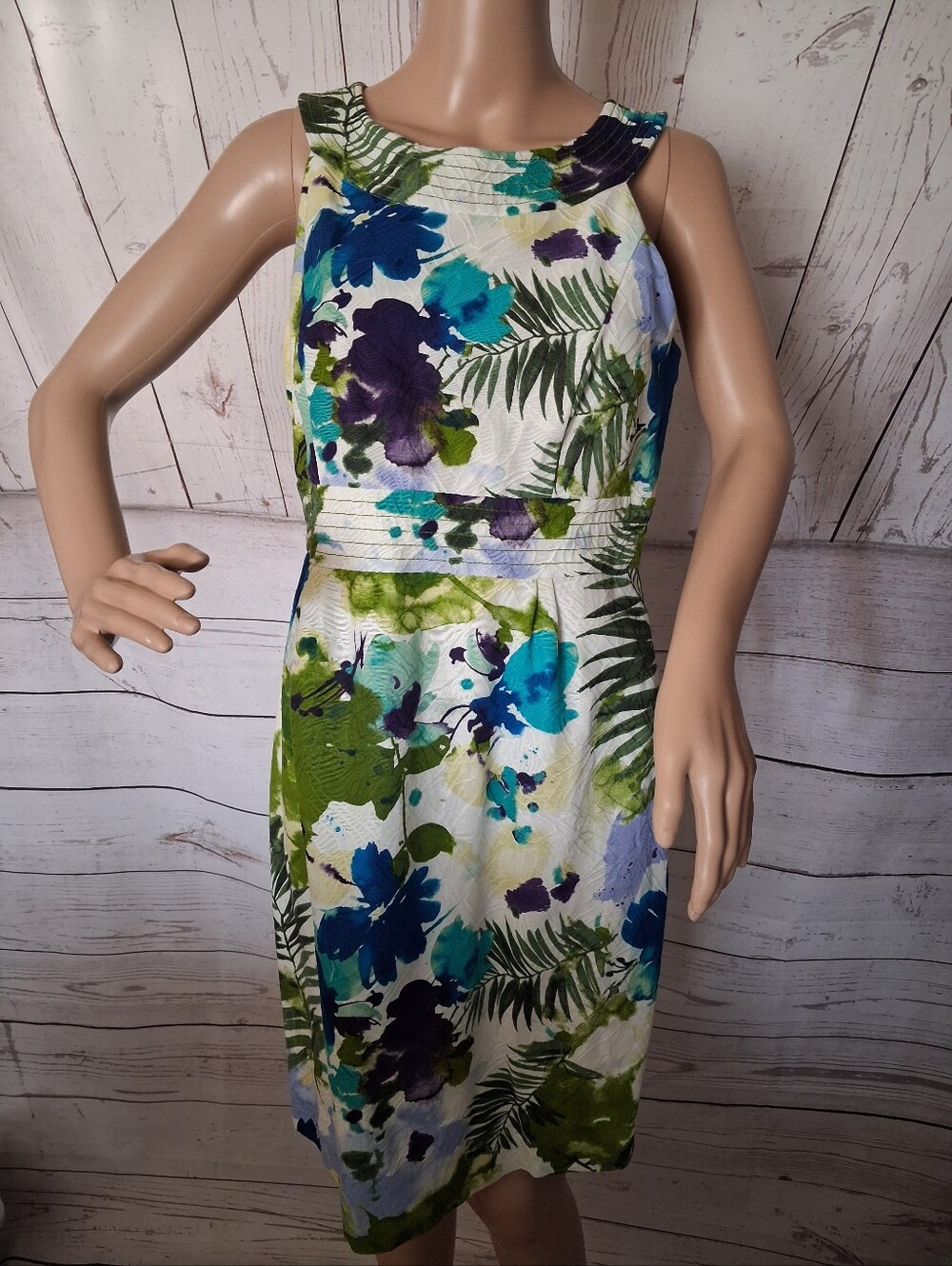 Jessica Howard White Midi Dress with Blue & Green Abstract Floral Design 10P